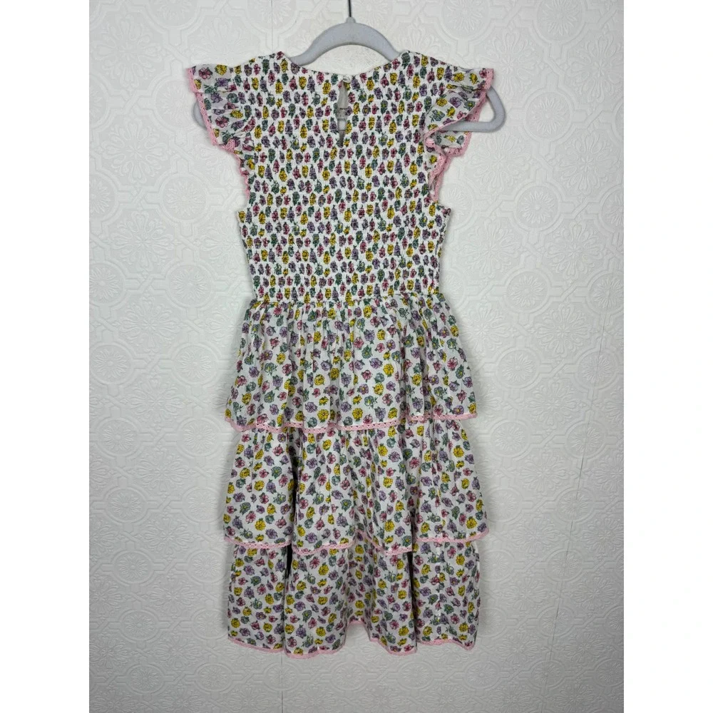 Mini Boden Girls Floral Smocked Tiered Lace Trim Dress White Pink 11-12Y NWT